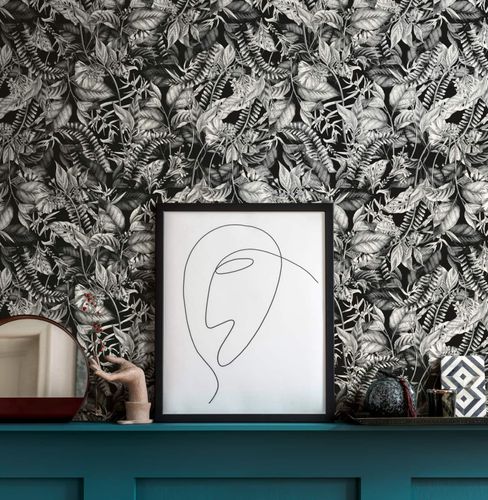 Non-woven wallpaper tropics flowers black white 39425-2
