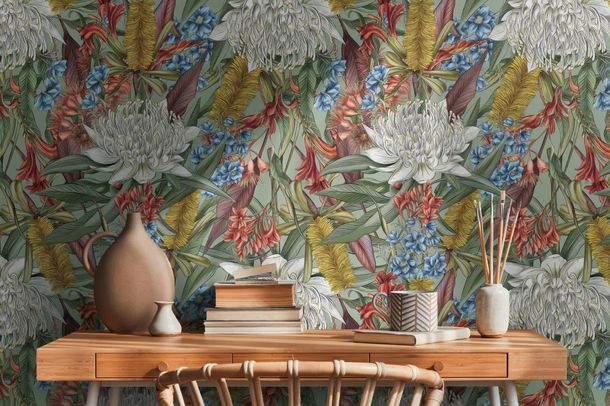 Non-woven wallpaper jungle flowers green red blue 39428-1