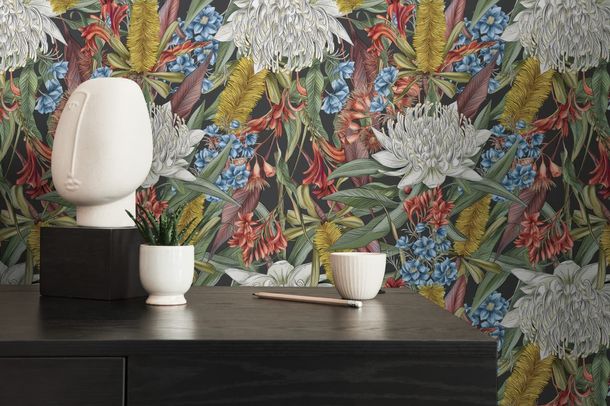 Non-woven wallpaper jungle flowers black green 39428-2