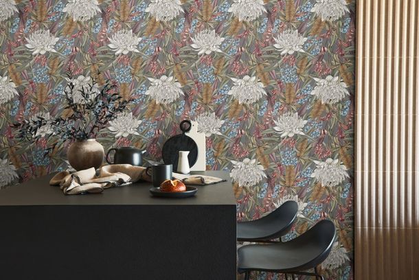 Non-woven wallpaper jungle flowers grey pink green 39428-3
