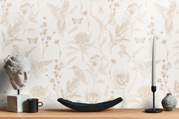Non-woven wallpaper floral birds cream brown 39429-1