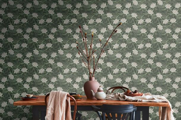 Non-woven wallpaper flowers leaves green white 39432-1