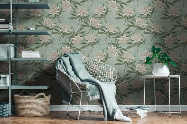 Non-woven wallpaper flowers turquoise green white 39432-2