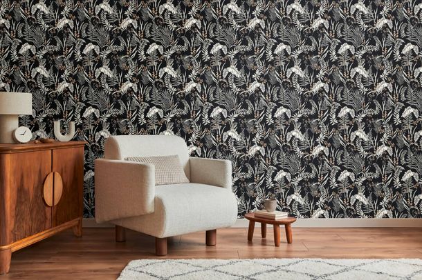 Non-woven wallpaper tropical leaves black cream 39434-1
