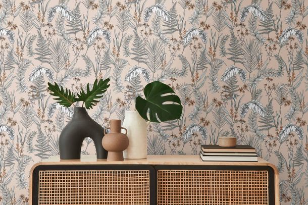 Non-woven wallpaper tropical leaves orange cream 39434-2