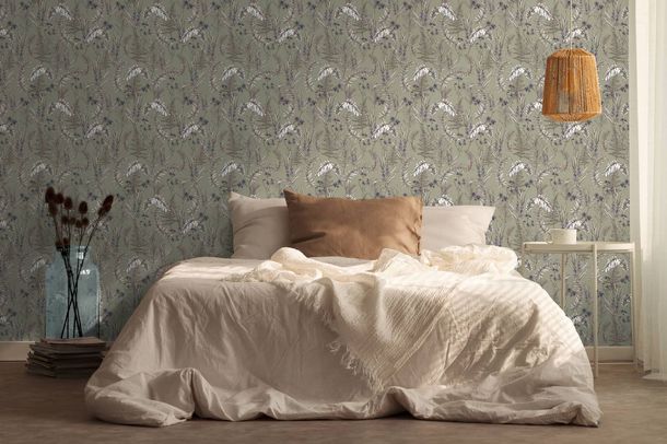 Non-woven wallpaper leaves green cream purple 39434-3