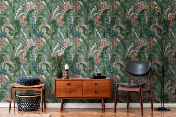 Non-woven wallpaper palm leaves petrol green 39435-2