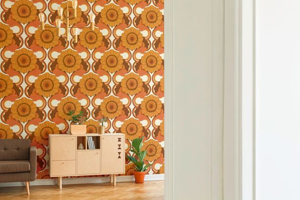 Non woven wallpaper flowers retro brown yellow 39530-4