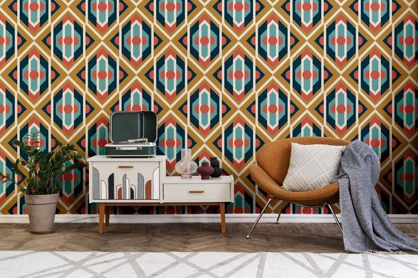 Non woven wallpaper diamonds geometric orange blue 39531-4