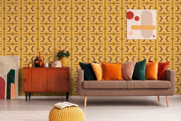 Non woven wallpaper tiles optics brown orange 39533-4