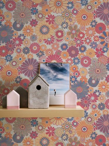 Non woven wallpaper floral pattern red orange 39535-4