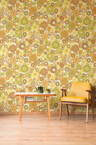Non woven wallpaper floral pattern orange green 39535-5