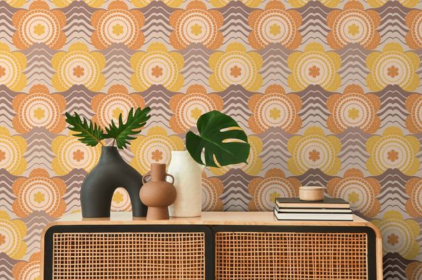 Vliestapete Blumen Wellen Retro Gelb Orange 39539-5 Flur