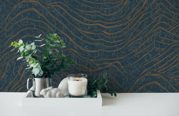 Vliestapete Wellenmuster Dunkelblau Gold Metallic 39507-4 Zimmer
