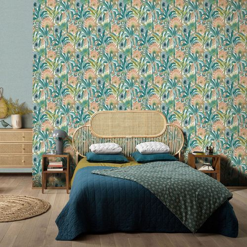 Tapetenart Dschungel Blätter Creme Türkis Orange 10390-18 Raum
