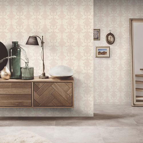 Vliestapete Barock Ranken Creme Rosa Metallic 10287-05 Raum