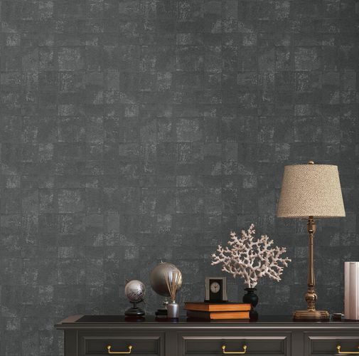 Non-woven wallpaper tiles black silver metallic 39671-4