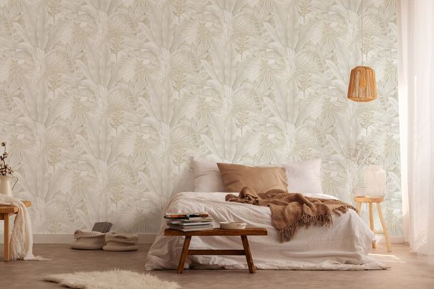 Non-woven wallpaper leaves textile look beige white 39647-4
