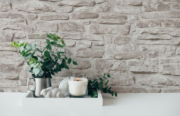 Vliestapete Mauer 3D Naturstein Hellgrau Beige 38815-3 Raum
