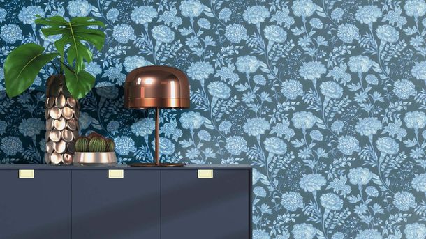 Vliestapete Rasch Floral Vintage Blau Weiß 865004 Raumsituation