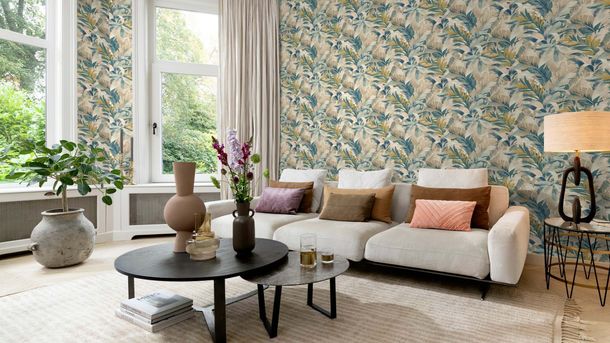 Vliestapete Rasch Palmblätter Beige Blau Grün 865202 Raumbild