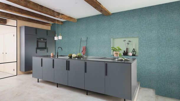 Vliestapete Rasch Kariert Gras Blau Schwarz 865417 Raumbild