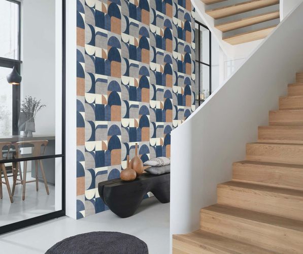 Non-woven wallpaper Rasch graphic blue grey beige 866544