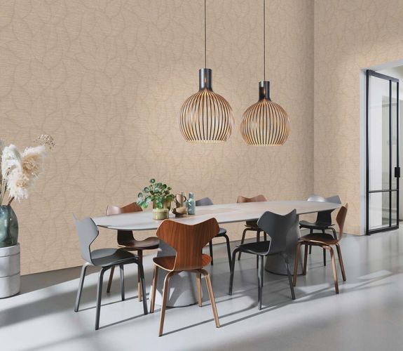 Vliestapete Rasch Stoffoptik Blattmuster Beige 866834 Raumbild