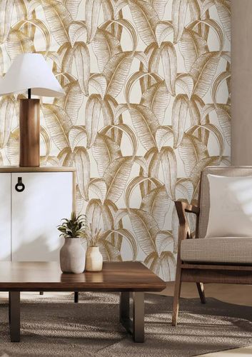 Non-woven wallpaper Rasch leaves tropics white brown 867978