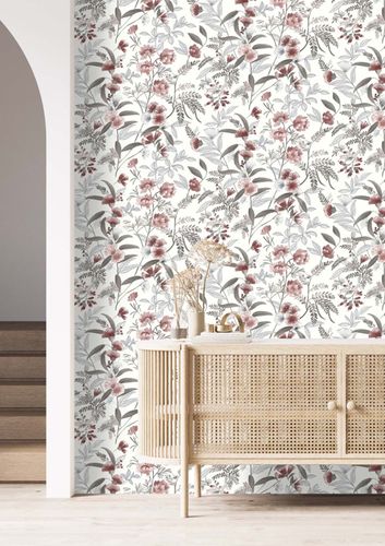 Non-woven wallpaper Rasch floral flowers white red 869118
