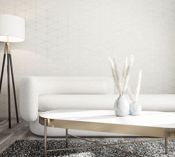 Non-woven wallpaper graphic tiles look white cream 33356
