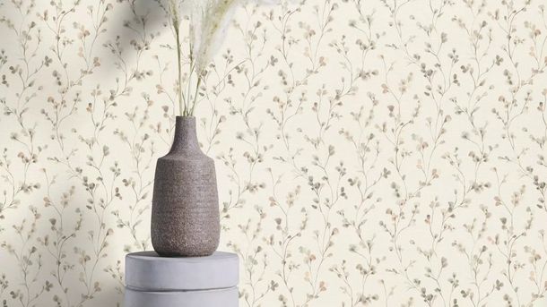 Non-woven wallpaper Rasch leaves cream beige grey 486131