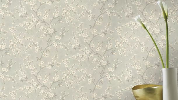 Non-woven wallpaper Rasch flowers grey gold 456752