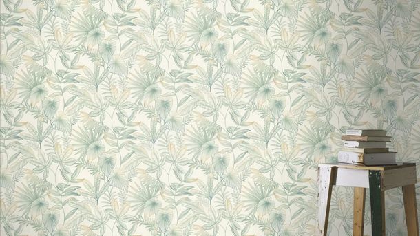 Non-woven wallpaper Rasch leaves cream green 580914