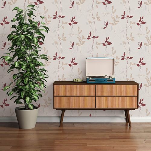 Vliestapete Blätter Ranken Cremeweiß Beige Rot 2497-39 Zimmer