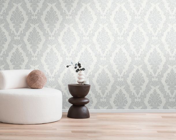 Vliestapete Barock Muster Creme Silber Metallic 39765-5 Raum