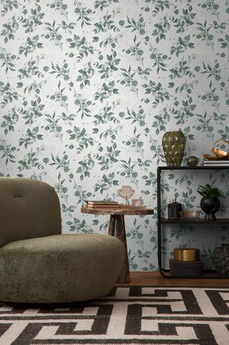 Vliestapete Blätter Weiß Grün Silber Metallic 39768-2 Raum