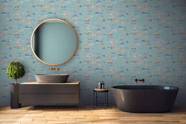 Vliestapete Textiloptik Fische Türkis Blau Rosa 39696-3 Raum