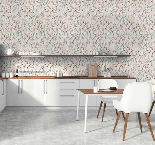 Non-woven wallpaper leaves grey green pink 39745-1