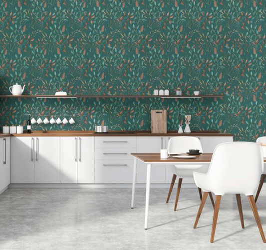 Non-woven wallpaper leaves green petrol brown 39745-4