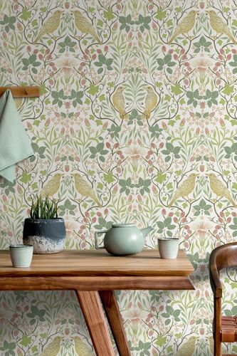 Vliestapete Ornamente Floral Weiß Grün Rot 47620 Raumbild