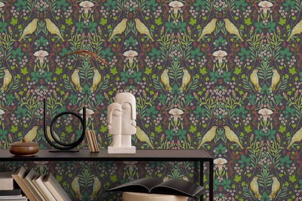 Non-woven wallpaper ornaments floral black green 47621