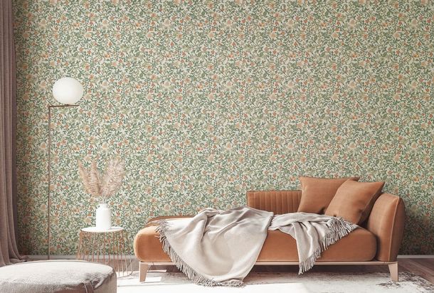 Non-woven wallpaper floral leaves white green orange 47626