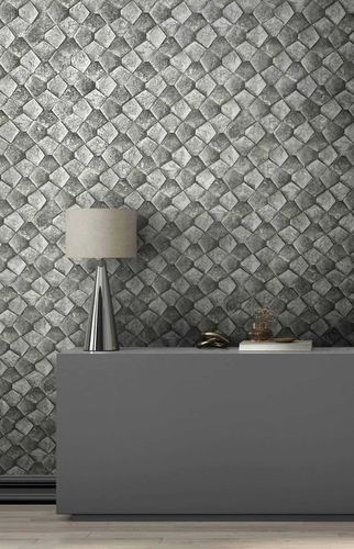 Non-woven wallpaper crocodile look grey silver gold 86529