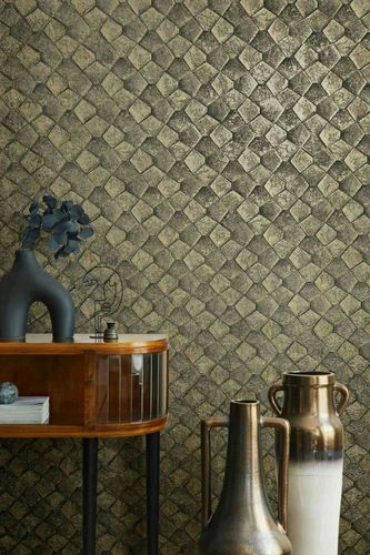 Non-woven wallpaper crocodile look black gold 86530