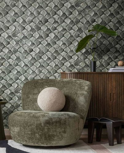 Non-woven wallpaper crocodile look green grey gloss 86546