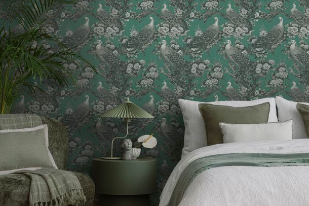 Vliestapete Michalsky Floral Vögel Grün Grau 39982-2 Raum