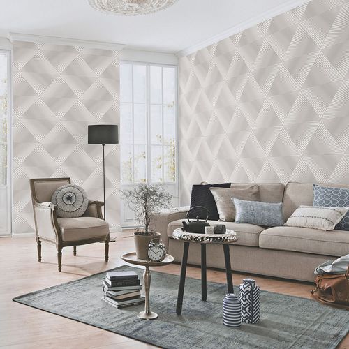 Vliestapete Dreiecke Fächer Taupe Creme Metallic 10404-37 Raum