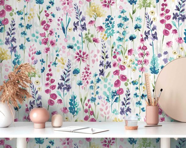 Vliestapete Aquarell Floral Weiß Bunt 39606-1 Wohnzimmer