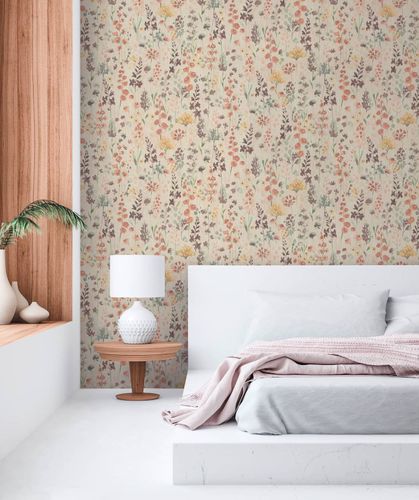 Vliestapete Aquarell Floral Beige Braun 39606-2 Raum